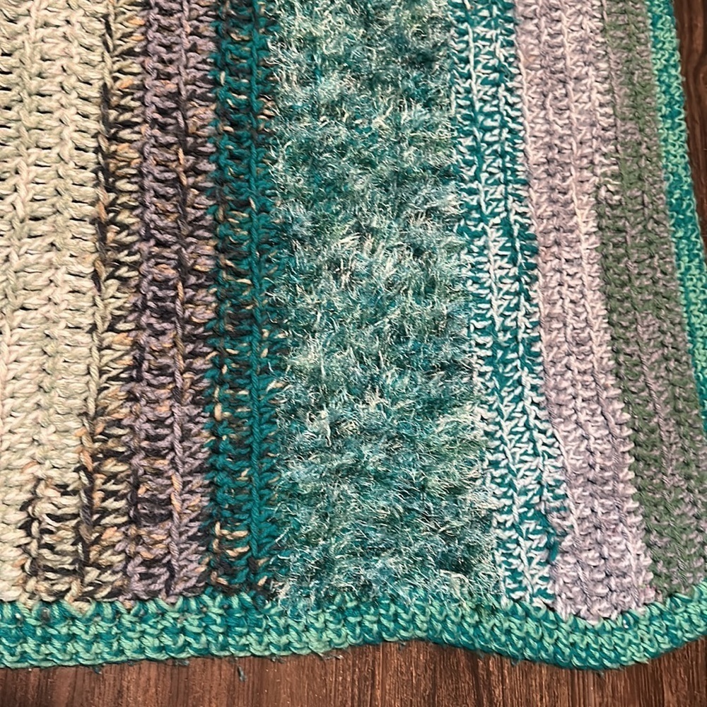 Hand made crocheted striped shades of blue heavy knit throw small blanket - Picture 4 of 7